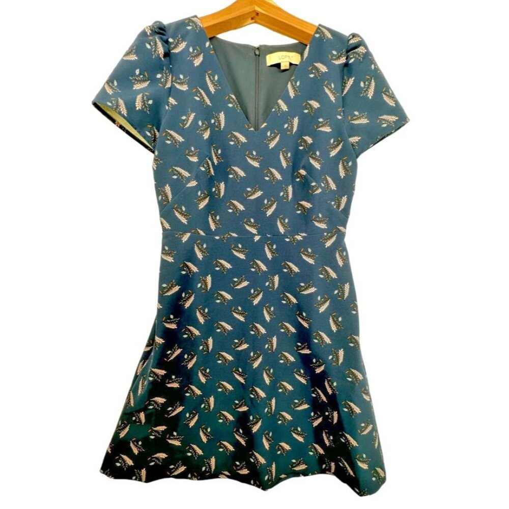 Loft Dress Sz 0 Navy Blue Feather Print Floral Modest CottageCore Classic Pocket